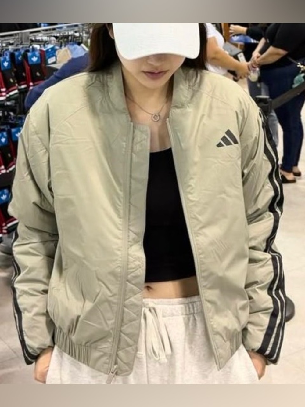 adidas Women’s Silver/Green Insulated Bomber with Black Striped Sleeves